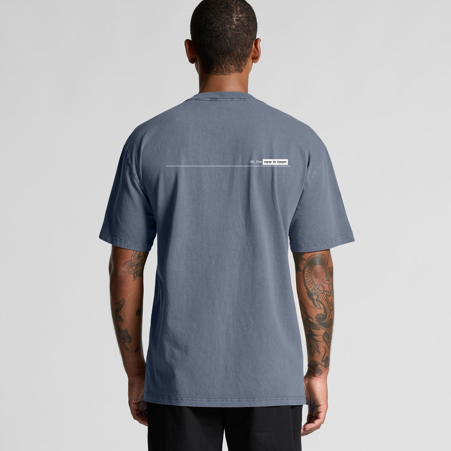 'Hi, I'm new in town' Oversized Tee - Faded Indigo