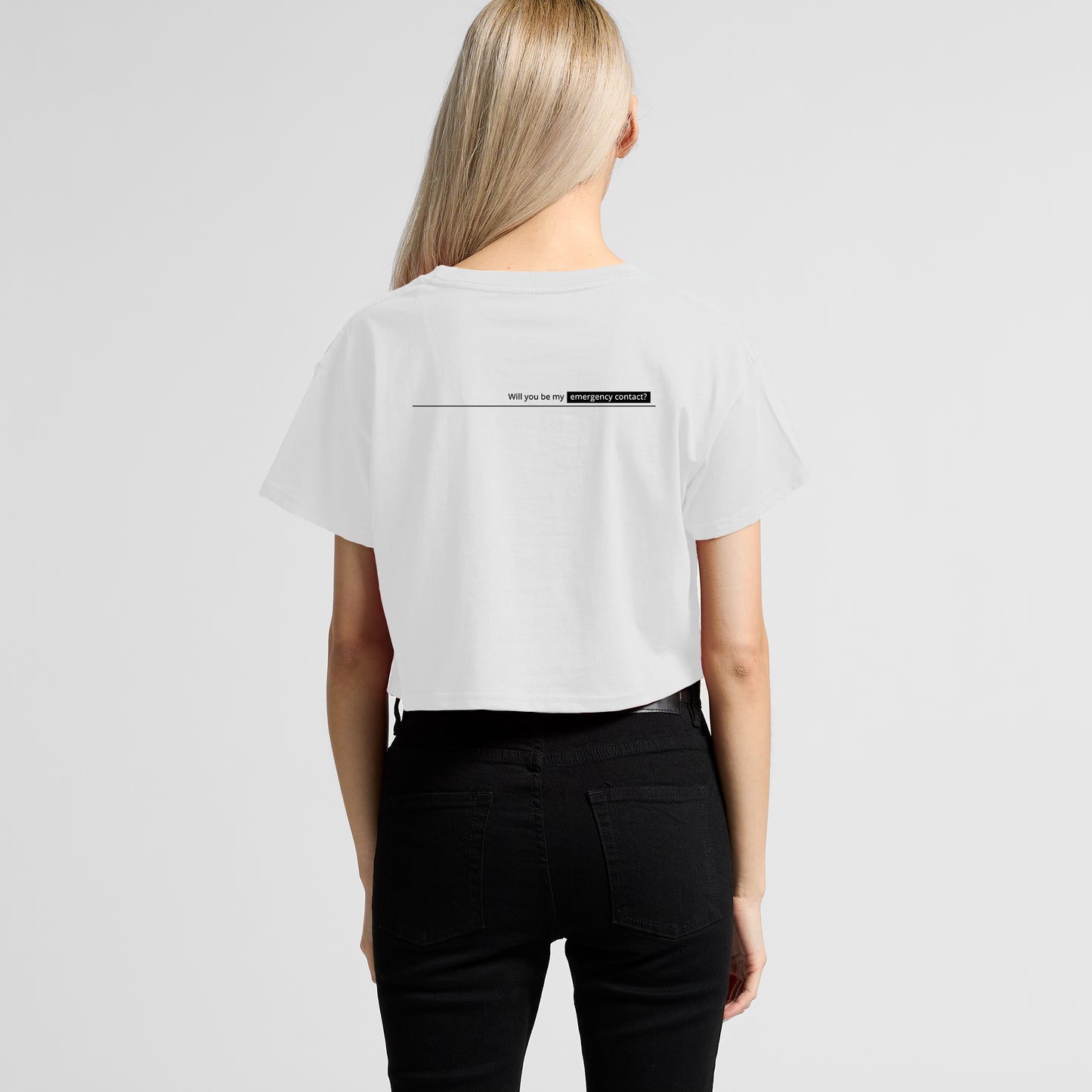‘Will you be my emergency contact’ Heart Cropped Tee - White