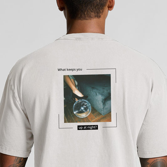 'What keeps you up at night?' Oversized Tee - Faded White